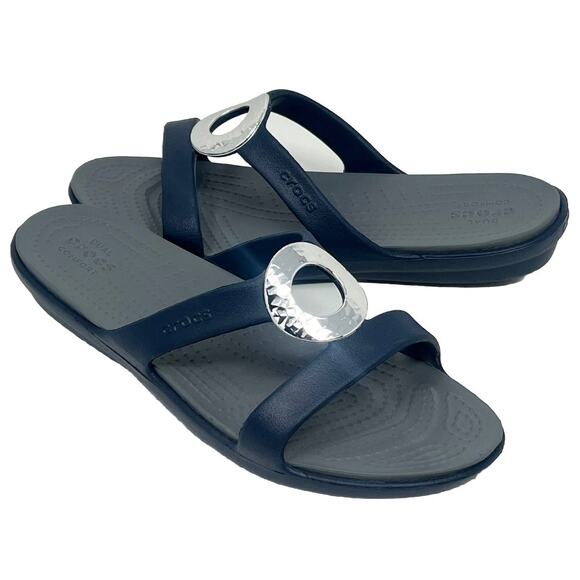 Crocs Sanrah Hammered Circle Sandal Color:  Navy/Silver Women's Size 11 - Picture 1 of 9